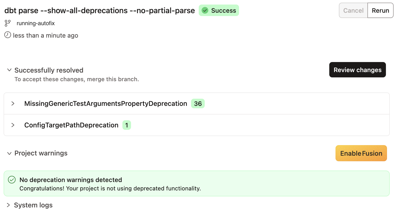 Success message when deprecations are resolved