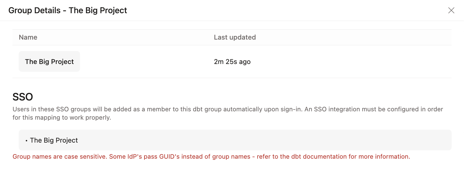 The Group details SSO section with a group configured. The Group details SSO section with a group configured.